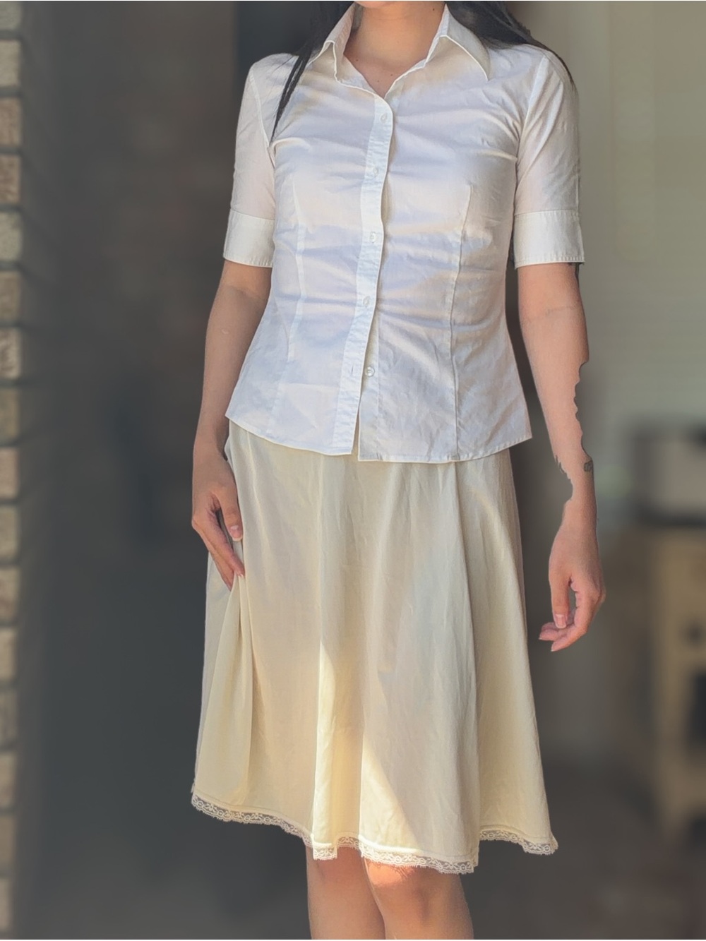 Vintage lace trim cream satin above the knee slip skirt
